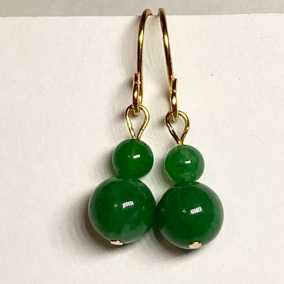 Green Jade Stone Earrings Gold Plated Dangle Round Bead Malaysian Dark 4-6mm - Picture 3 of 8